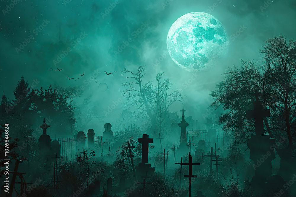Fantastically mysterious cemetery with tombstones and scary atmosphere Fantastically mysterious cemetery with tombstones and scary atmosphere