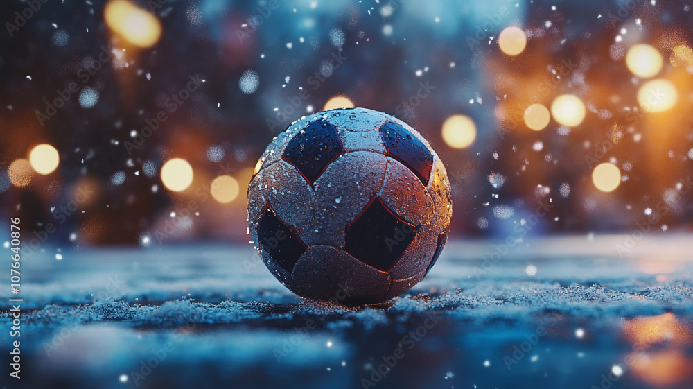 Fototapeta premium A soccer ball resting in the snow with blurred lights during a winter evening
