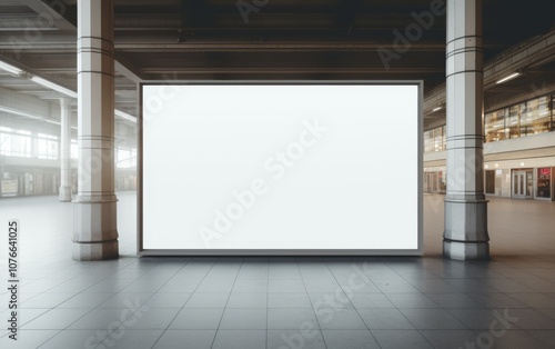 A large white billboard is hanging from the ceiling in a large, empty room