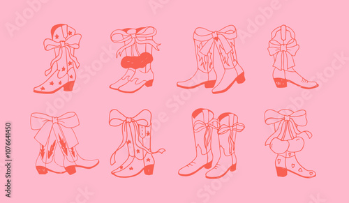Coquette cowboy boots with ribbon bow. Pink cowgirl aesthetic. Hand drawn