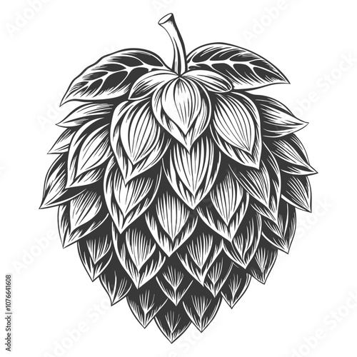 This highly detailed vintage style illustration showcases a hop cone, emphasizing its intricate structure and highlighting its importance in the brewing process