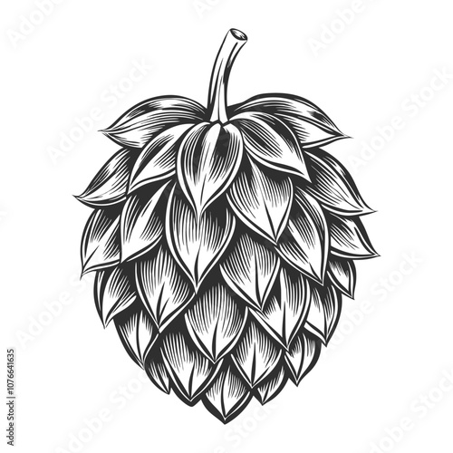This highly detailed woodcut style illustration showcases a hop cone, emphasizing its intricate structure and highlighting its importance in the brewing process