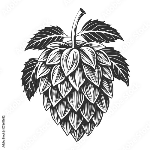 Detailed engraved illustration of a hops cone with leaves, showcasing its intricate structure and highlighting its role in brewing