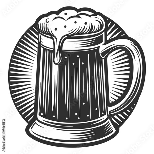 Vintage monochrome illustration featuring an overflowing beer mug set against a sunburst background, capturing the refreshing essence of a classic beverage