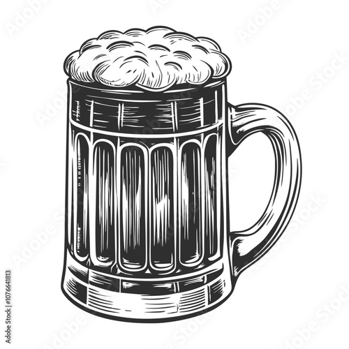 Vintage style illustration presents a large beer mug brimming with foamy beer, capturing the refreshing essence of a classic brew