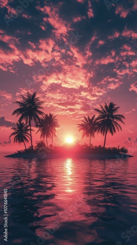 Beautiful sunset over a tranquil island with palm trees and pink skies reflecting on the water