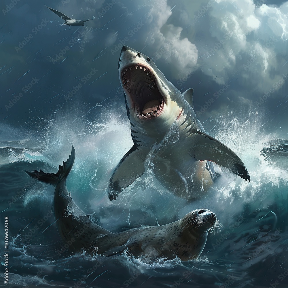 Obraz premium A Deadly Shark Breaches the Surface to Capture a Seal in the Open Ocean