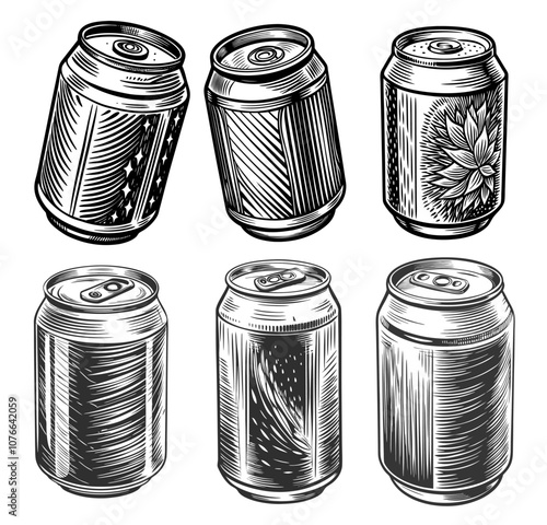 Six decorated aluminum beer cans in a vintage style, tilted and refreshing, perfect for a summer party