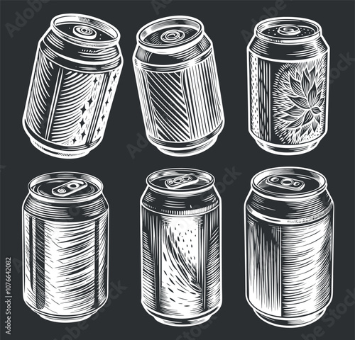 Six decorated aluminum beer cans in a vintage style, tilted and refreshing, perfect for a summer party