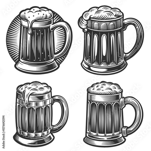 Vintage monochrome illustration presenting four variations of beer mugs brimming with frothy beer, showcasing detailed textures and overflowing foam, perfect for bar, pub, or brewery branding