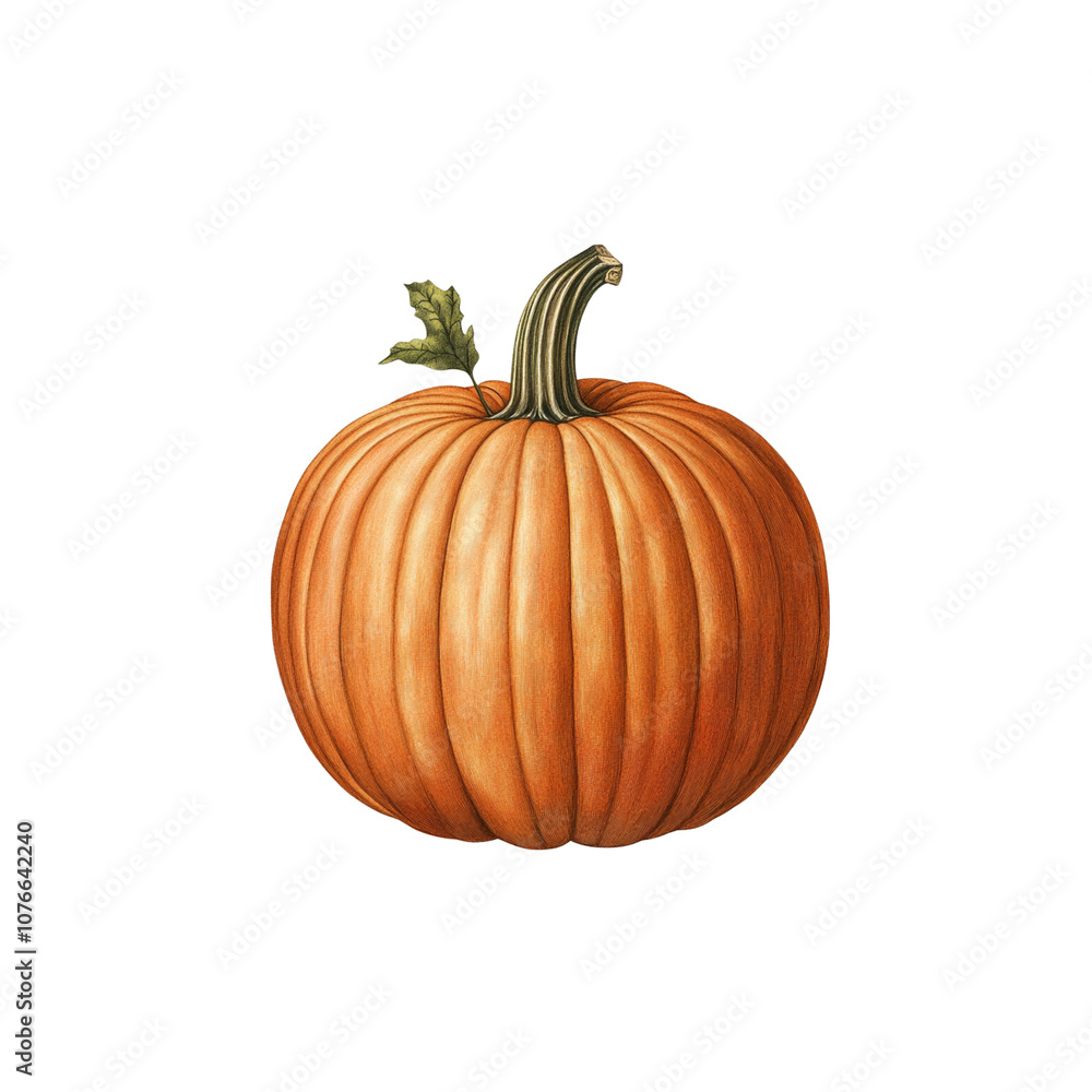 Obraz premium Realistic orange pumpkin with green stem and leaf, perfect for autumn decor