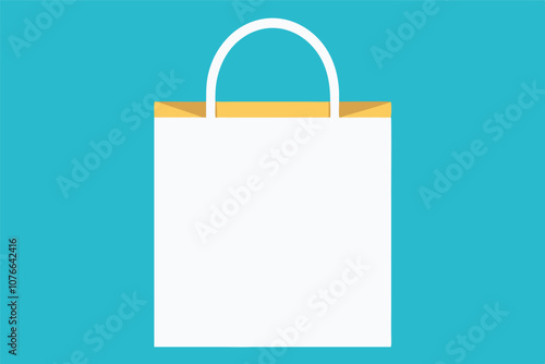 Image of a white shopping bag with gold handles   on a blue background. No additional patterns or imagery.