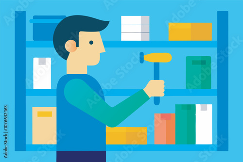 Illustration shows a person tidying a bookshelf in a bookshop, emphasizing organization and cleanliness. A green-shirted figure uses a broom amidst scattered books.