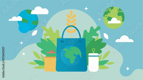 An eco-friendly shopping scene with a blue bag featuring Earth design, surrounded by plants and food items. Symbolizes environmental awareness and sustainability.