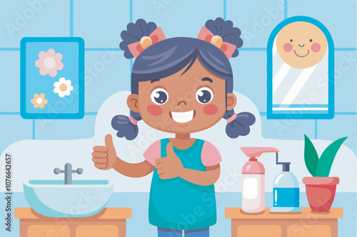 A happy girl in a blue-themed bathroom gives a thumbs-up in an apron, surrounded by hygiene products and a mirror with a green plant, showing positivity and good habits.