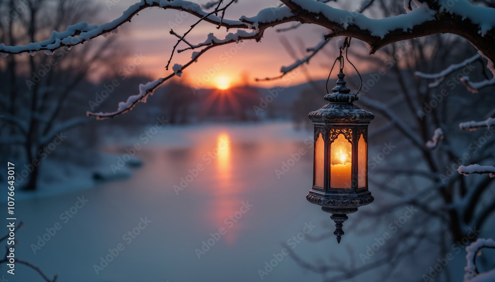 Cozy Lantern by a Snowy River at Sunset Cozy Lantern by a Snowy River at Sunset