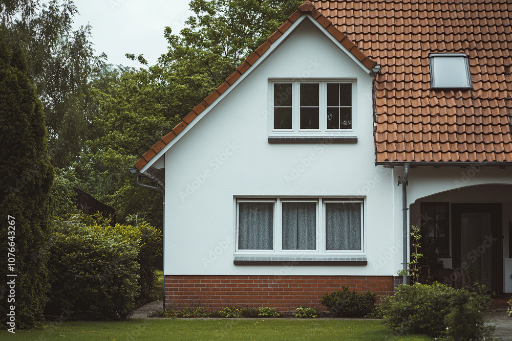 A simple house with white walls and red tiles, seen from the front in Germany. It is a medium-framed shot, focusing on one window of the two-story home. There is greenery around it. A simple house with white walls and red tiles, seen from the front in Germany. It is a medium-framed shot, focusing on one window of the two-story home. There is greenery around it.