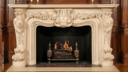 Classic Fireplace with Carved Stone Mantel and Ornate Fire Screen photo