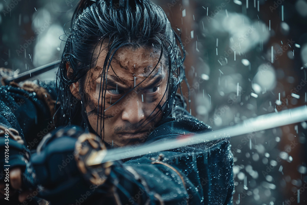 Portrait of a samurai in armor in attack position ai generative