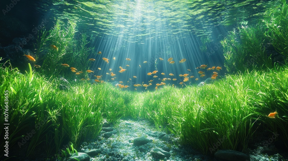 Obraz premium Underwater scene with sunlight, plants, and swimming fish.