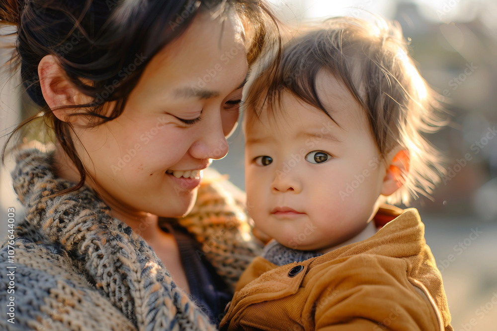 Generative AI Portrait of Smiling Mother Hugging Baby in Nursery Room Generative AI Portrait of Smiling Mother Hugging Baby in Nursery Room