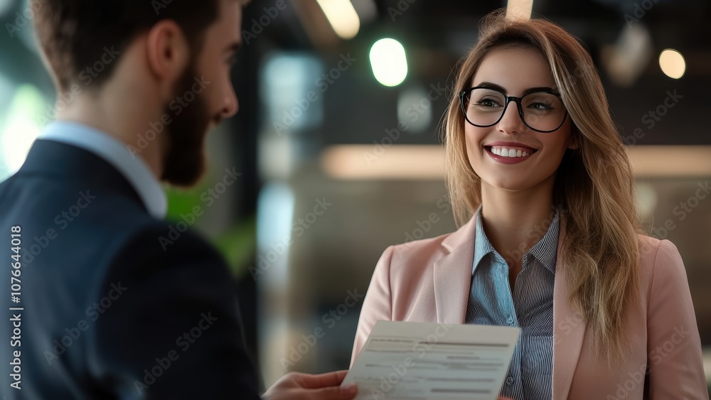Fototapeta premium Business Meeting with Smile: Professional Woman in Blazer Receives Document from Bearded Man in Formal Suit in Modern Office Environment