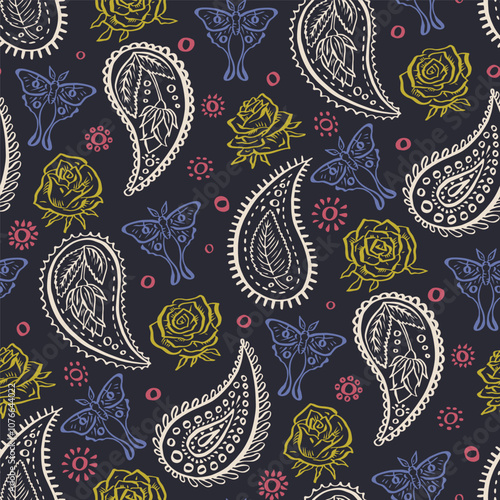 Seamless pattern with hand drawn inky Paisley, roses and luna moths on black background. Doodle mughal designs with sketchy butterflies and flowers repeat background.