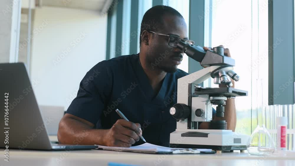 Doing research. Scientist is working indoors, microscope is on the table. Doing research. Scientist is working indoors, microscope is on the table.