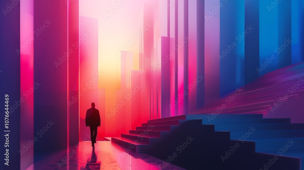 Futuristic Urban Landscape with Silhouetted Figure in Vibrant Neon Colors and Geometric Architecture Futuristic Urban Landscape with Silhouetted Figure in Vibrant Neon Colors and Geometric Architecture