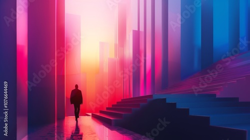 Futuristic Urban Landscape with Silhouetted Figure in Vibrant Neon Colors and Geometric Architecture