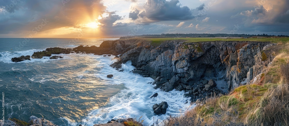 Obraz premium Dramatic Sunset Over Rugged Coastline
