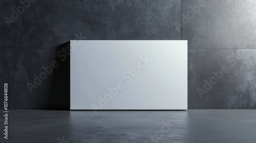 Blank white canvas mockup against dark textured wall in minimalist gallery space.