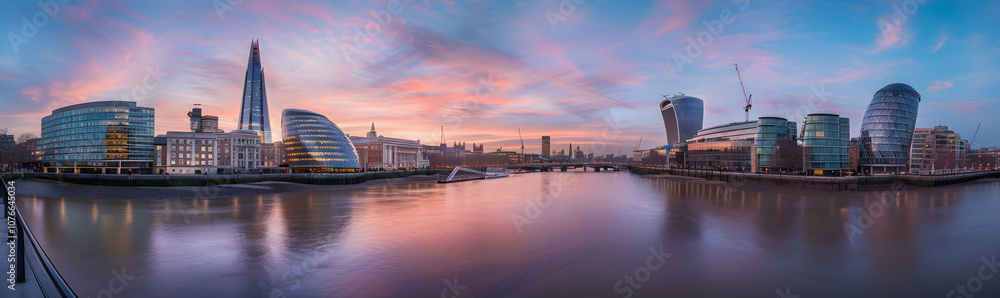 Fototapeta premium Panoramic photo of the London skyline, River Thames, at dusk, with buildings in the background