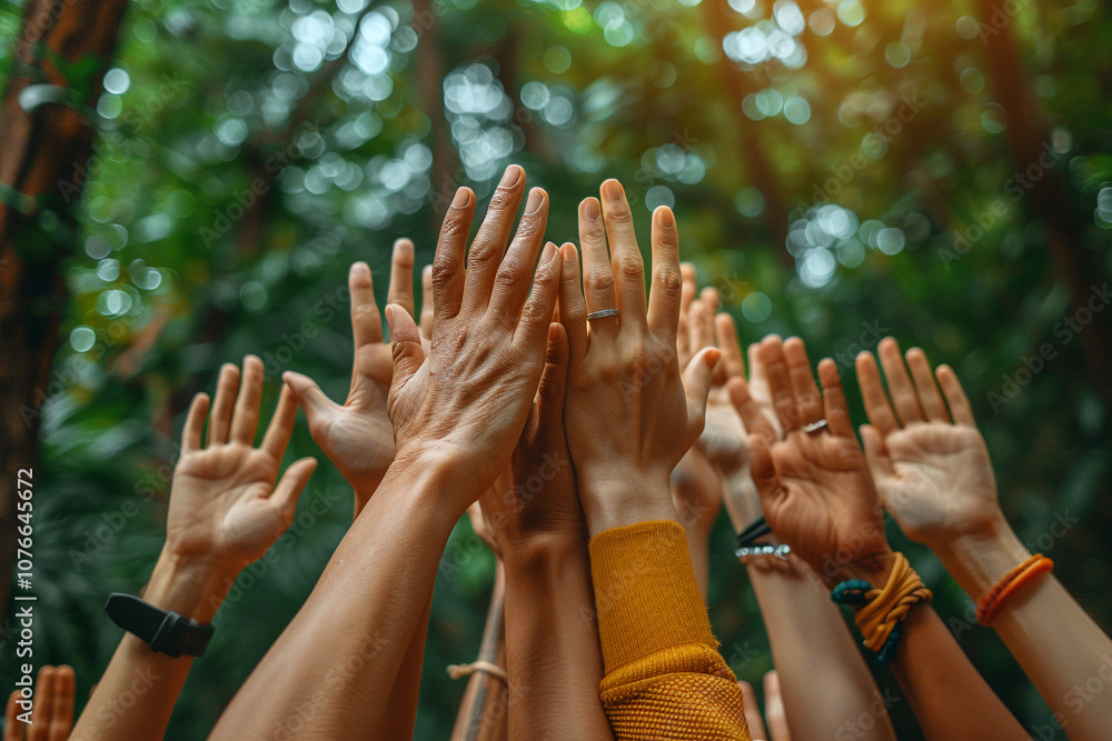 A powerful image of hands united in the air, symbolizing teamwork, unity, and collaboration. Perfect for business, leadership, diversity, and motivational themes A powerful image of hands united in the air, symbolizing teamwork, unity, and collaboration. Perfect for business, leadership, diversity, and motivational themes