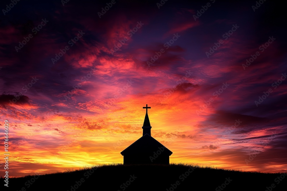 Silhouette of a Church Steeple with Cross Against a Vibrant Sky at Sunset, Highlighting Serenity and Spirituality in a Nature Setting Silhouette of a Church Steeple with Cross Against a Vibrant Sky at Sunset, Highlighting Serenity and Spirituality in a Nature Setting
