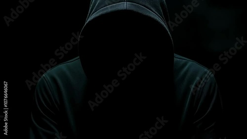 Anonymous Person in Black Hoodie Hidden in Shadow. Mystery, Secrecy, Anonymity, Hacker, and Crime Concept. 4K Video Footage.