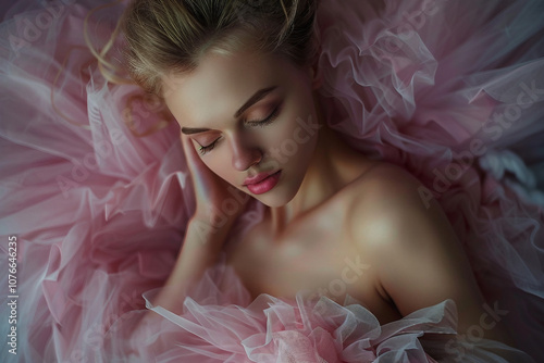 Generative AI Closeup of Young Ballerina in Pink Tulle with Captivating Blue Eyes