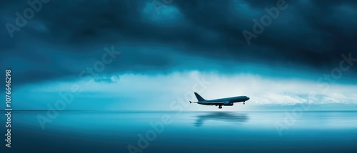 Airplane flying low over calm water with dark clouds above.