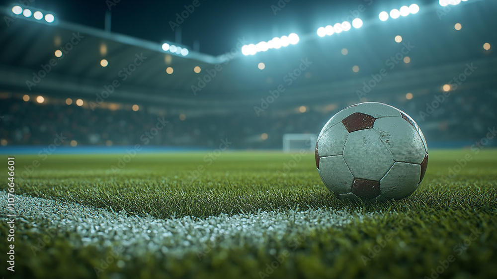 Fototapeta premium A close-up of a soccer ball on the field during a nighttime match at a sports stadium