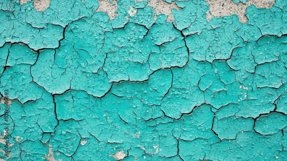 Cracked turquoise paint on a textured surface, showcasing wear and age. Cracked turquoise paint on a textured surface, showcasing wear and age.