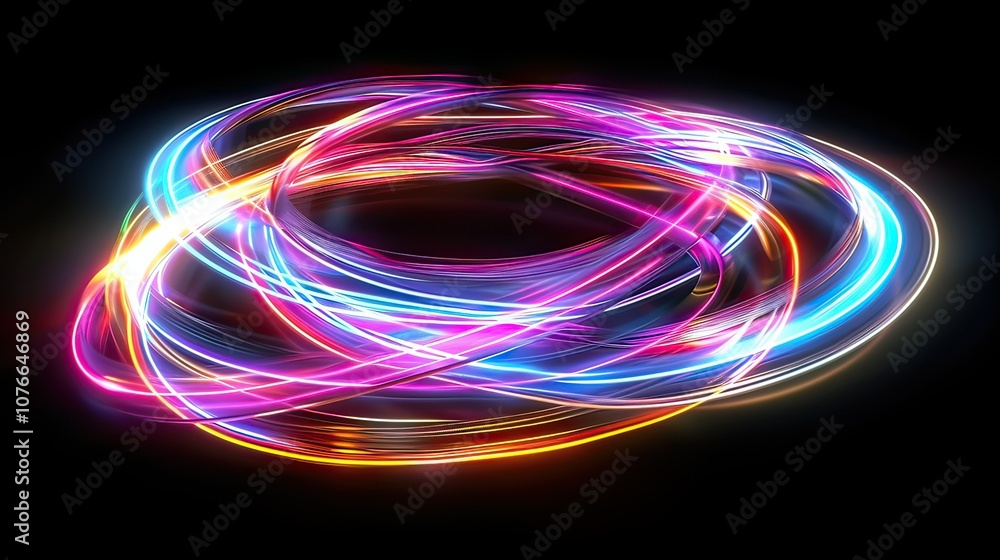 Dynamic neon light trails creating a twisting pattern on black background, 3D render. Dynamic neon light trails creating a twisting pattern on black background, 3D render.