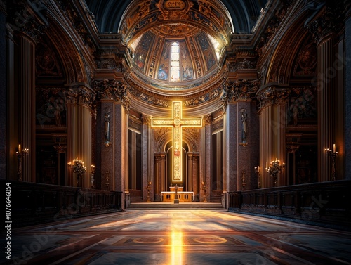 Wallpaper Mural Serene Interior of a Magnificent Church with a Golden Cross Reflecting Warm Sunlight During a Quiet Moment of Reflection and Contemplation Torontodigital.ca