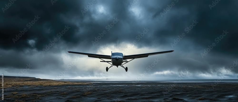A small plane flies through a dark, stormy sky, just above a barren, rugged landscape, with its landing gear down. A small plane flies through a dark, stormy sky, just above a barren, rugged landscape, with its landing gear down.