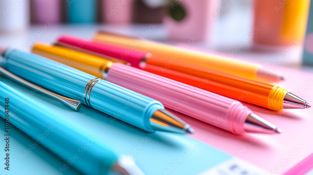 Fototapeta premium Colorful Collection of Pens on Pastel Desk Setup
