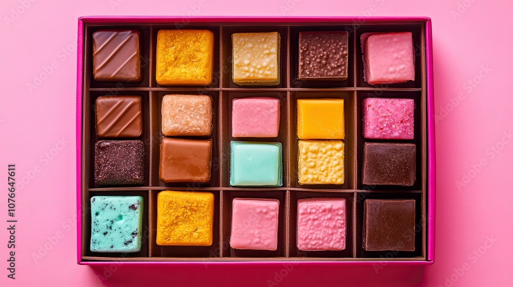Fototapeta premium Colorful Assorted Chocolates on Pink Background