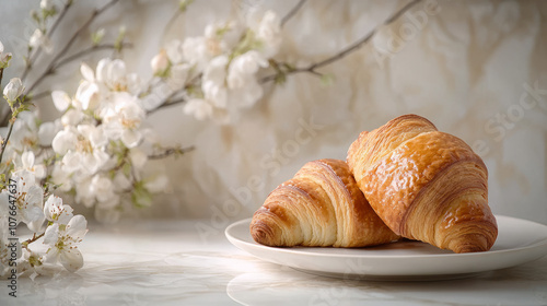 Freshly baked butter croissants on plate, surrounded by delicate white flowers, create serene and inviting atmosphere perfect for breakfast or brunch photo