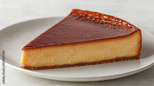 Delicious caramel flan slice with smooth texture and rich flavor, served on white plate. Perfect for dessert lovers seeking sweet treat photo