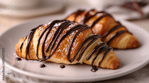 Delicious chocolate croissants drizzled with rich chocolate sauce, served on white plate. Perfect for breakfast or sweet treat photo