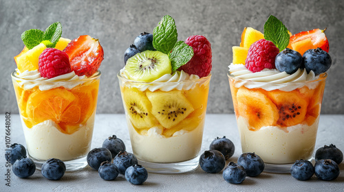 Delicious fruit parfaits with layers of cream and fresh fruits like strawberries, blueberries, and kiwi, topped with mint leaves for refreshing touch. Perfect for dessert! photo