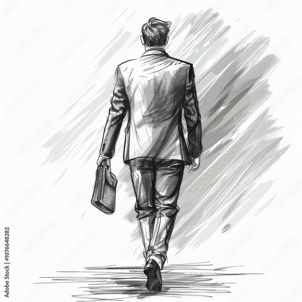 Fototapeta premium Elegant Sketch of a Businessman Walking Away with Briefcase in Hand
